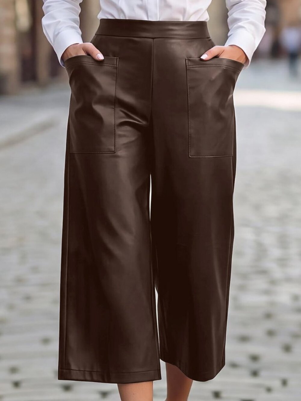 Brown Elegant Women's Faux Leather Pocket Cropped Wide Leg Pants